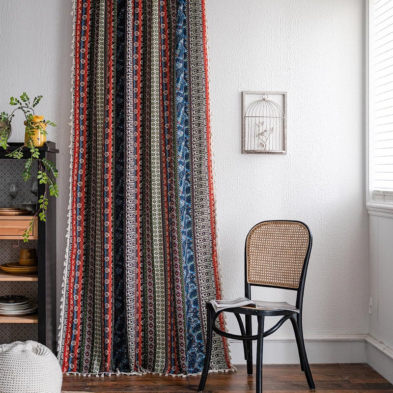 Boho Semi Blackout Striped Curtain with Tassels, 52x84 inches, Red & Blue - Image 1