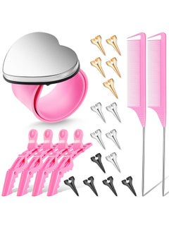 Patelai 22 Pieces Magnetic Wrist Sewing Pincushion with Hair Braiding Tools - Stainless Steel Pintail Rat Tail Comb, Wide Teeth Alligator Sectioning Clip, Hair Parting Ring Tool, and Pin Wristband (Pink)  - Image 1