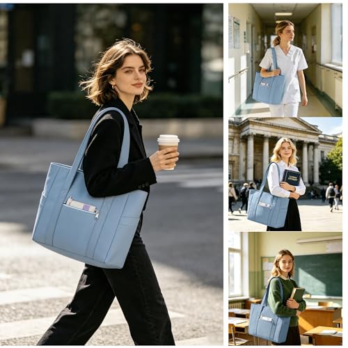 CTWWFS Large Tote Bag for Women, Nylon Lightweight Tote Bag with Zipper, Work Tote with 15.6" Laptop Sleeve, Nurse Teacher Bag for Work & College (Blue) - Image 2