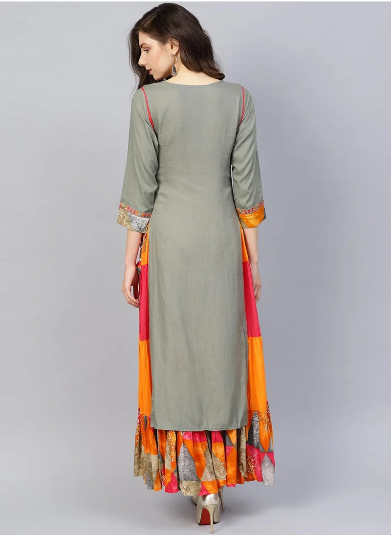 آي شين Women Grey & Pink Embroidered Layered A-Line Kurta