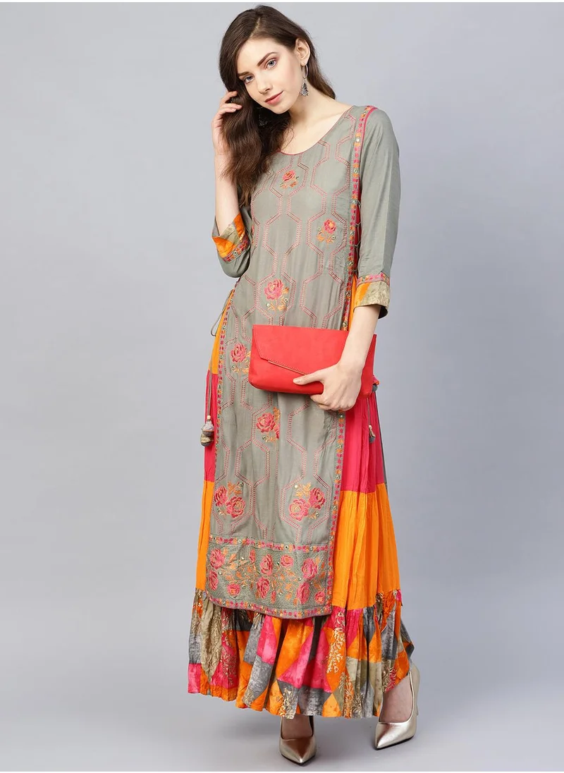 آي شين Aline Fit Self Design Pattern Round Neck Neck Three-Quarter Sleeves Grey Colour Knitted Cotton Kurtis for Women with Semi Elastic Closure - Designed with Style and Comfort