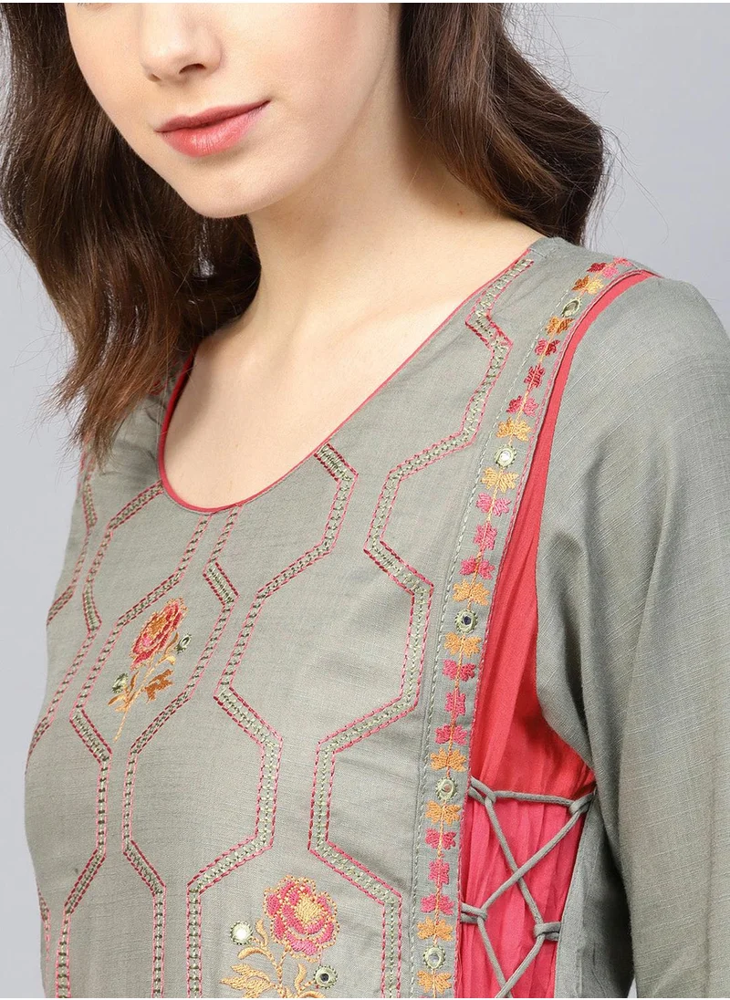 آي شين Aline Fit Self Design Pattern Round Neck Neck Three-Quarter Sleeves Grey Colour Knitted Cotton Kurtis for Women with Semi Elastic Closure - Designed with Style and Comfort