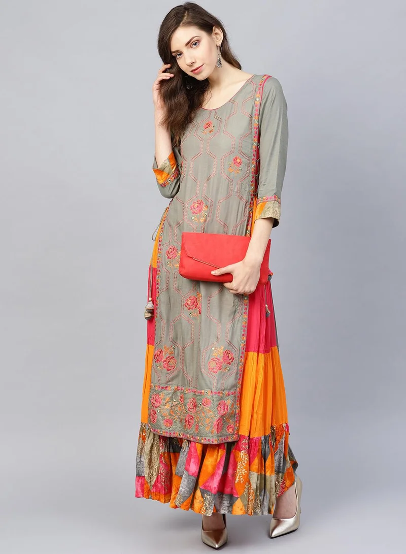 ISHIN Women's Grey 100% Cotton Self Design A-Line Kurta