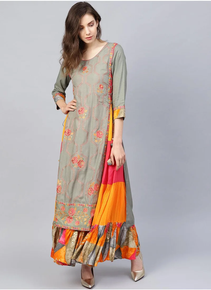 ISHIN Aline Fit Self Design Pattern Round Neck Neck Three-Quarter Sleeves Grey Colour Knitted Cotton Kurtis for Women with Semi Elastic Closure - Designed with Style and Comfort
