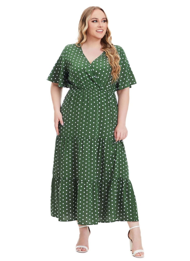 Loquat - Plus-size Women's V-neck Polka Dot Short-sleeved Dress Green - Image 1