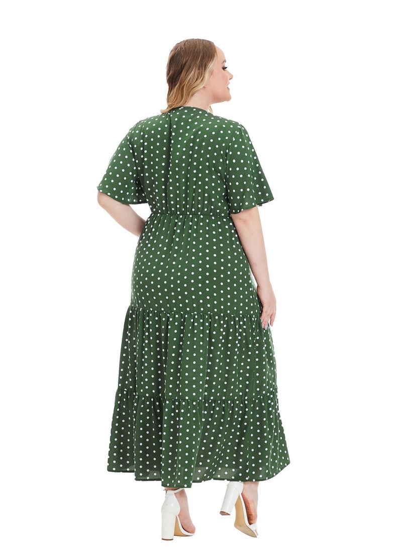 Loquat - Plus-size Women's V-neck Polka Dot Short-sleeved Dress Green - Image 1