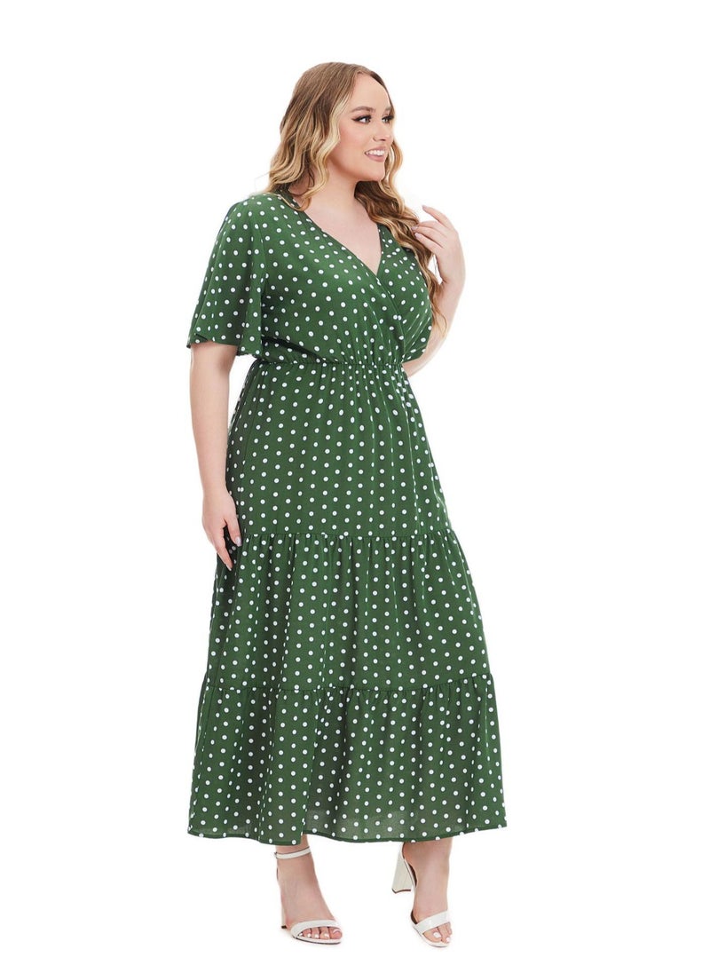 Loquat - Plus-size Women's V-neck Polka Dot Short-sleeved Dress Green - Image 1