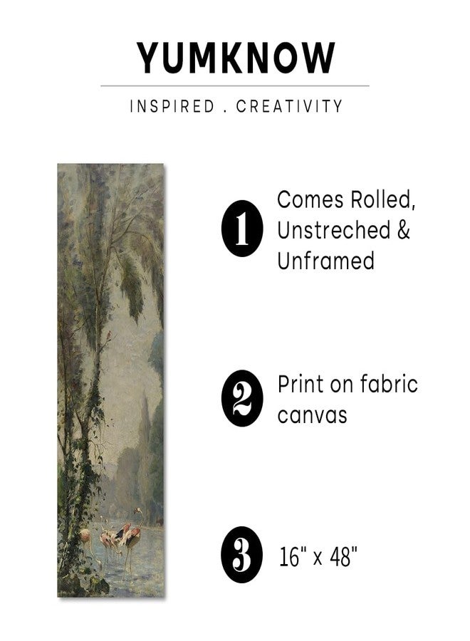 YUMKNOW Rolled Canvas Vintage Farmhouse Bedroom Wall Decor Above Bed - 16x48" - Vertical Wall Art for Entryway - Panoramic Forest Tree Pictures - Canvas Oil Painting Long Muted Bird Flamingo Lake River Art - Image 2