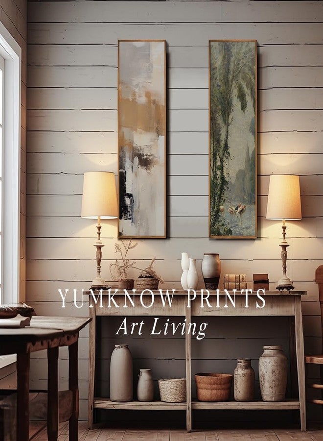 YUMKNOW Rolled Canvas Vintage Farmhouse Bedroom Wall Decor Above Bed - 16x48" - Vertical Wall Art for Entryway - Panoramic Forest Tree Pictures - Canvas Oil Painting Long Muted Bird Flamingo Lake River Art - Image 4