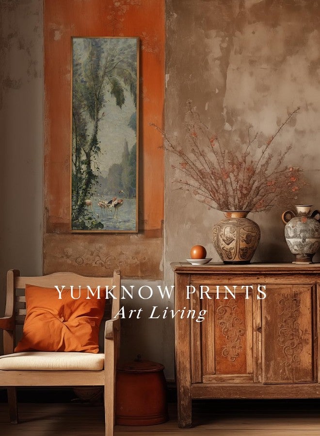 YUMKNOW Rolled Canvas Vintage Farmhouse Bedroom Wall Decor Above Bed - 16x48" - Vertical Wall Art for Entryway - Panoramic Forest Tree Pictures - Canvas Oil Painting Long Muted Bird Flamingo Lake River Art - Image 5
