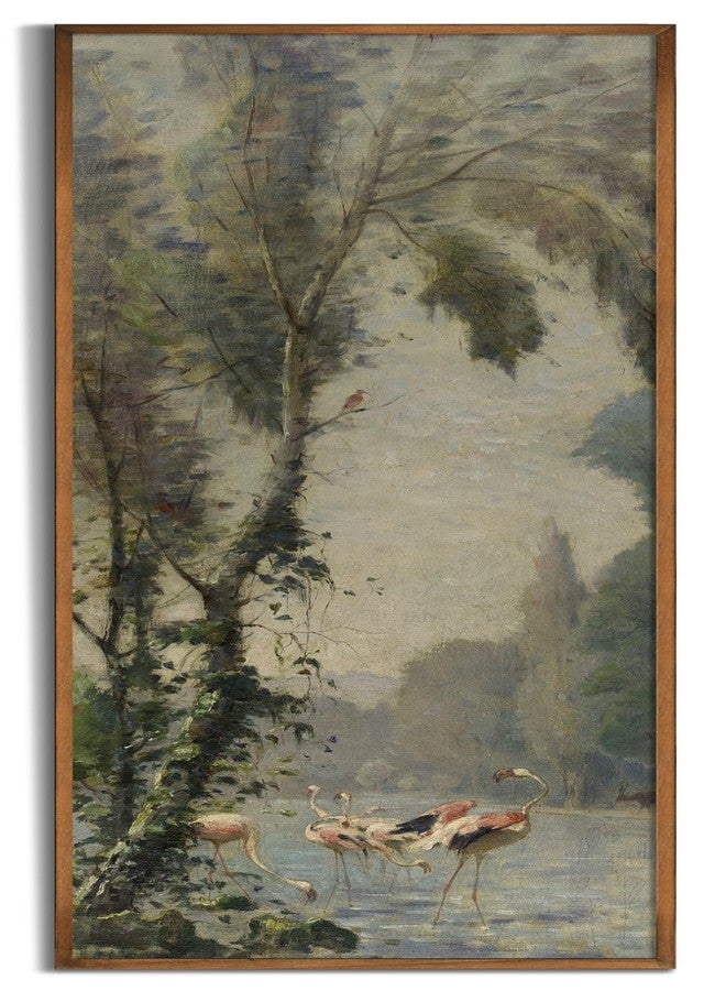 YUMKNOW Rolled Canvas Vintage Farmhouse Bedroom Wall Decor Above Bed - 16x48" - Vertical Wall Art for Entryway - Panoramic Forest Tree Pictures - Canvas Oil Painting Long Muted Bird Flamingo Lake River Art - Image 1