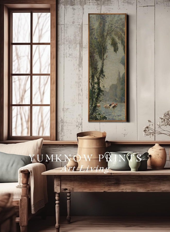 YUMKNOW Rolled Canvas Vintage Farmhouse Bedroom Wall Decor Above Bed - 16x48" - Vertical Wall Art for Entryway - Panoramic Forest Tree Pictures - Canvas Oil Painting Long Muted Bird Flamingo Lake River Art - Image 3