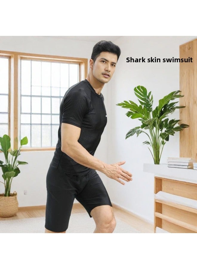 Loquat Imitation Shark Skin Men's Swimsuit Set Split Body Quick-drying Short-sleeved Top Swim Trunks Sunscreen Surfing Spa-Color:Tops + Pants-  - Image 1