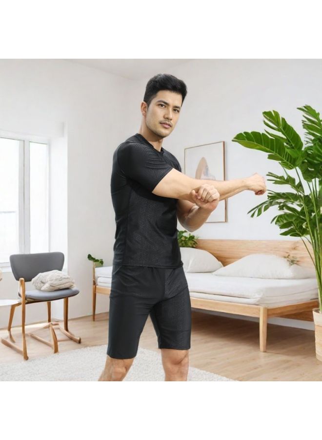 Loquat Imitation Shark Skin Men's Swimsuit Set Split Body Quick-drying Short-sleeved Top Swim Trunks Sunscreen Surfing Spa-Color:Tops + Pants-  - Image 3