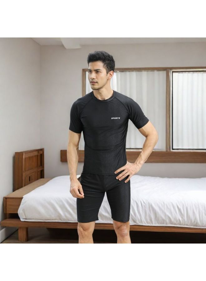 Loquat Imitation Shark Skin Men's Swimsuit Set Split Body Quick-drying Short-sleeved Top Swim Trunks Sunscreen Surfing Spa-Color:Tops + Pants-  - Image 5