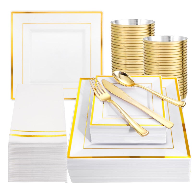 Festiva 350Pcs Gold Plastic Plates  Disposable Square Gold Plates Dinnerware set include 956 PlatesCupsPlastic CutleryHand Napkins Perfect for 50 guests PartyWeddingBirthday