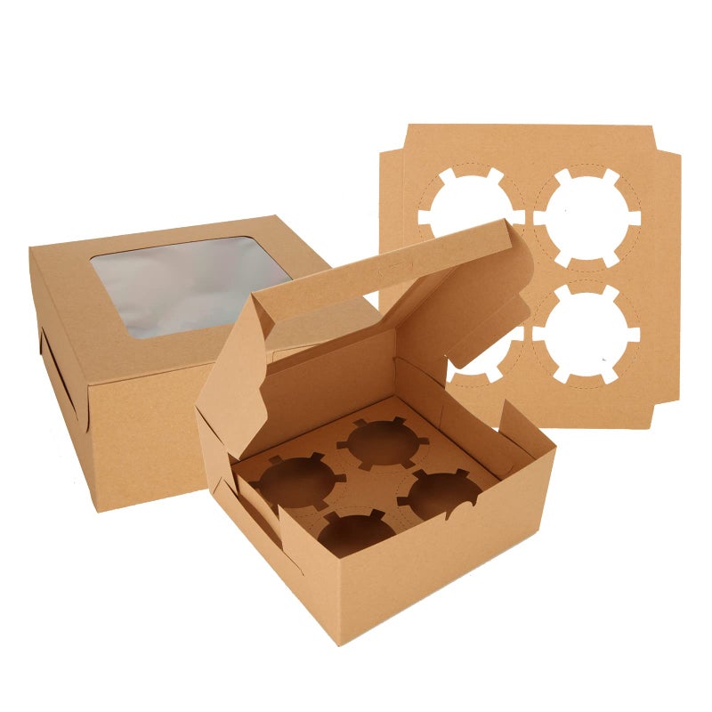 QTLCOHD 100Pcs Cupcake Boxes 4 Count Cupcake Containers 6x6x3 Inch Brown Cupcake Box Bulk for Cupcakes Muffins Cookies Pastries - Image 1