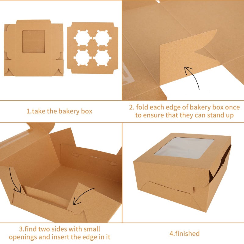QTLCOHD 100Pcs Cupcake Boxes 4 Count Cupcake Containers 6x6x3 Inch Brown Cupcake Box Bulk for Cupcakes Muffins Cookies Pastries - Image 4