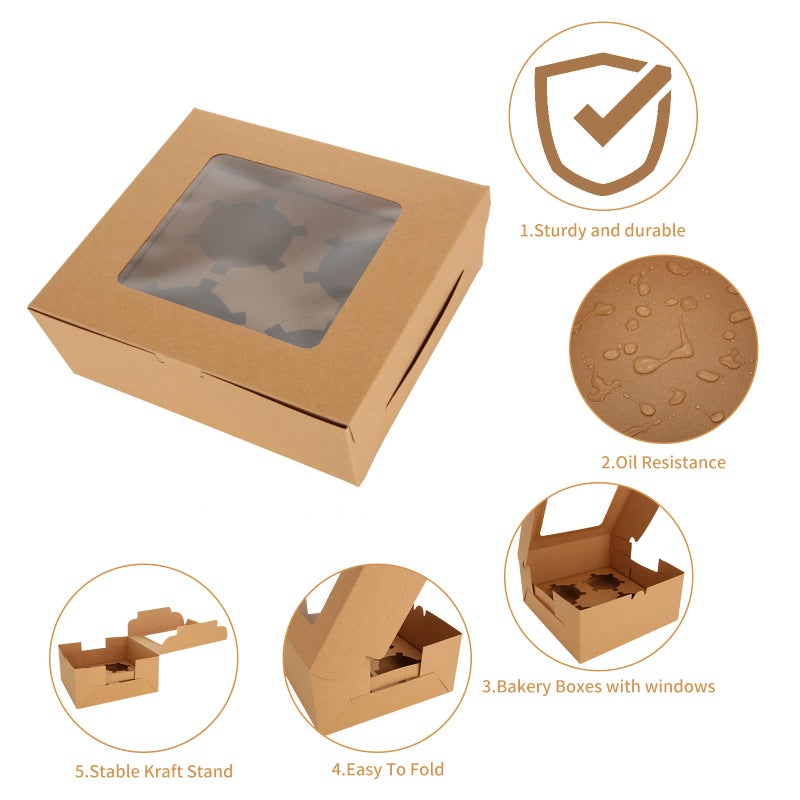QTLCOHD 100Pcs Cupcake Boxes 4 Count Cupcake Containers 6x6x3 Inch Brown Cupcake Box Bulk for Cupcakes Muffins Cookies Pastries - Image 5