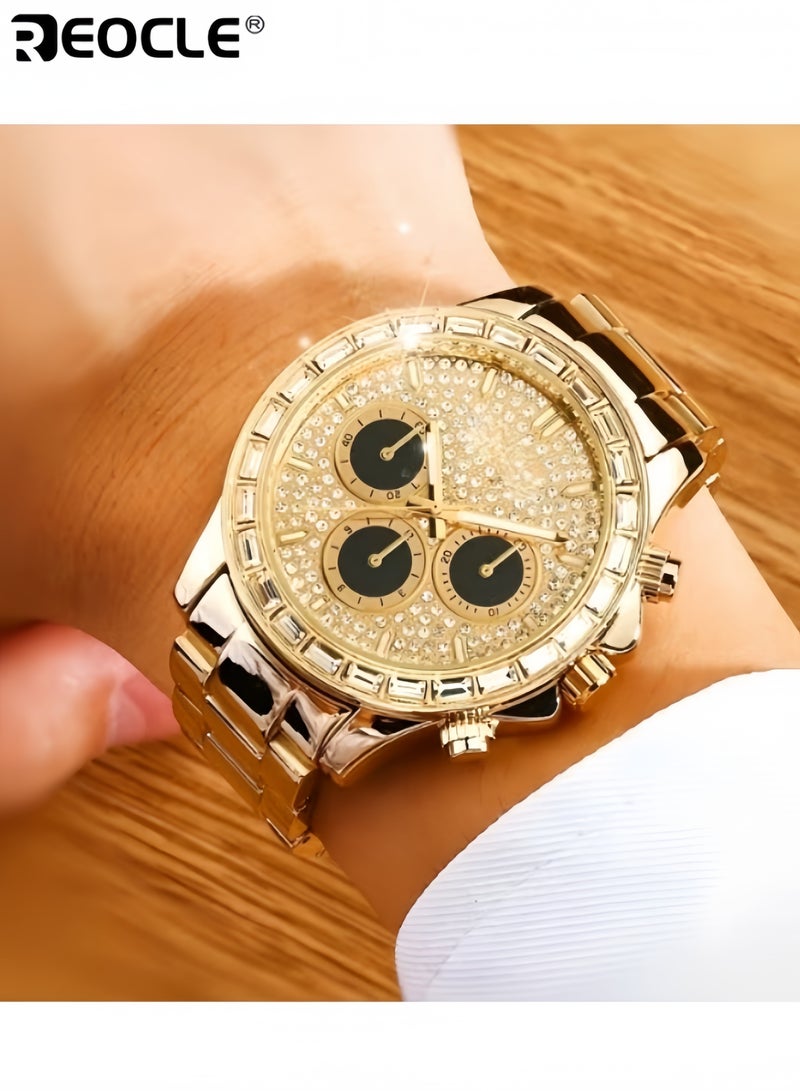 REOCLE Unisex Diamond Watches Quartz Watch with Diamond Set Round Dial & Stainless Steel Watch Strap Luxury Business Dress Wrist Watch - Image 1