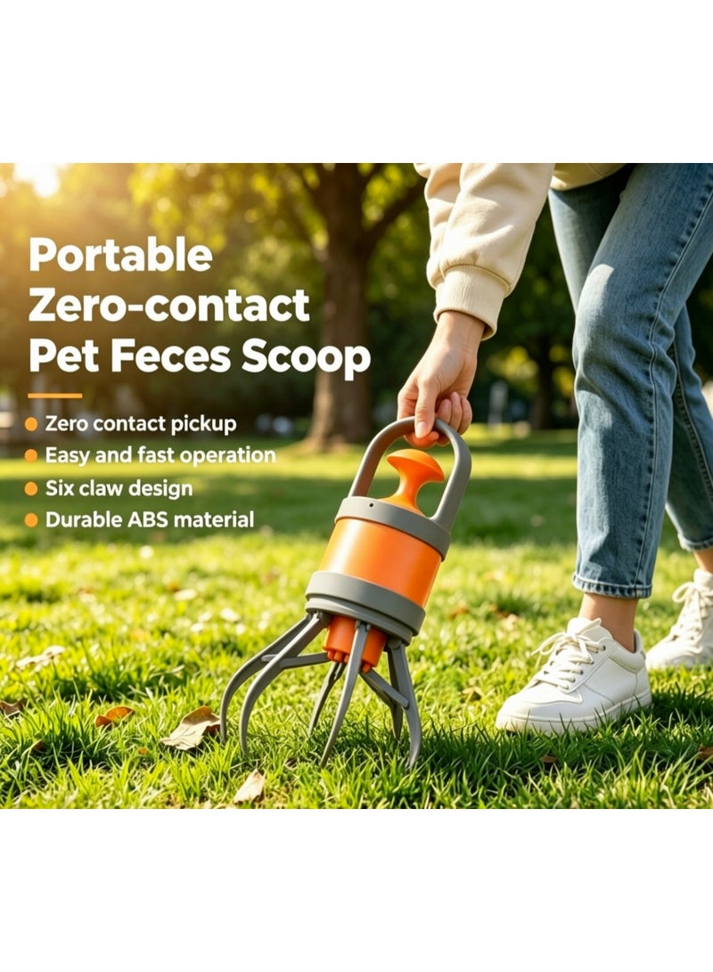 Portable zero-contact pet feces scoop, one-button release pet feces cleaner, simple operation and fast disposal, six-claw design can effectively capture feces and residue, made of durable orange ABS material, corrosion-resistant and easy to clean, two-in-one design includes 1 built-in garbage bag, suitable for home and travel use - Image 1