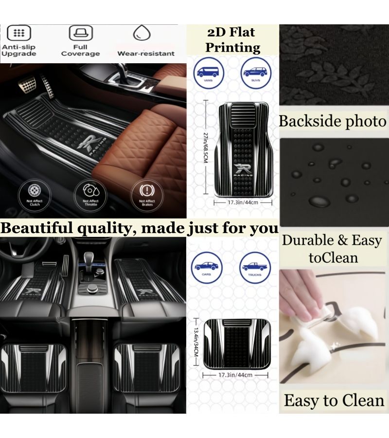 Black White 4pc Patterned Car Floor Mats Non Slip Washable All Season Fit Sedans Hatchbacks SUVs - Image 1