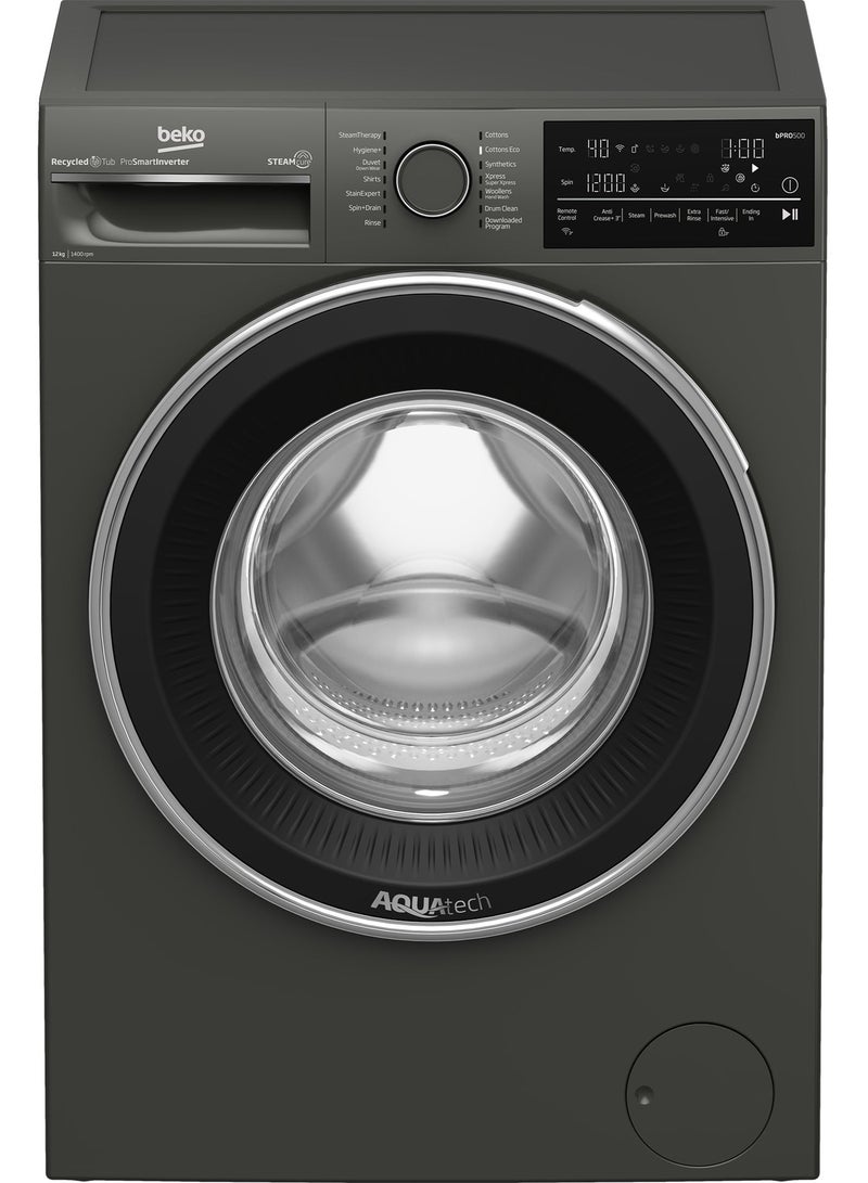 Beko Freestanding Washing Machine , 12 kg , 1400 rpm , ProSmart Inverter Motor, SteamCure Technology, Wireless & Bluetooth Connectivity , Grey , B3WFU51240MCI 12 kg B3WFU51240MCI grey - Image 1