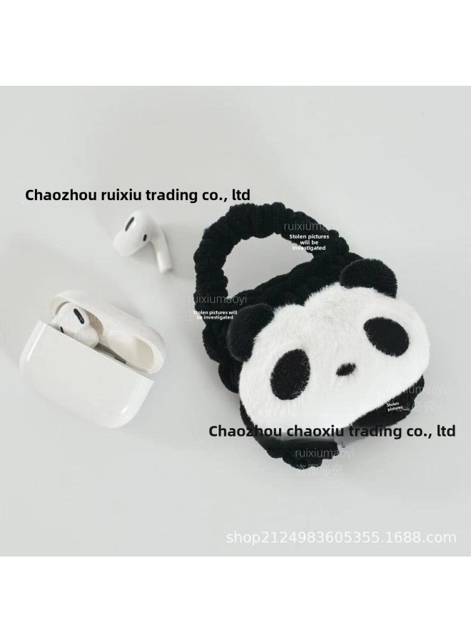 Pink Cute Cyber Red Bear Lion Wake Flower Plush Hand-woven Drop-resistant Headphone Bag Bluetooth Headphone Protective Cover Finished Product-Color:Black Panda  - Image 1