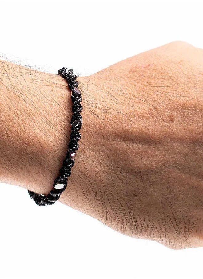 كريسوستوموس Handmade Adjustable Beaded Men's Bracelet with Black Cord and Hematite Stones, Adjustable Macrame Tying