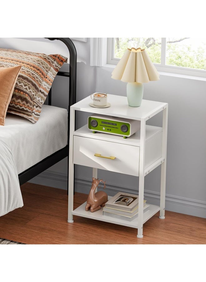 Solerconm Nightstand with Drawer,3 Tier Bedside Tables,End Table,Wood Drawer Steel Frame,Side Tables for Living Room, Bedroom, White - Image 1