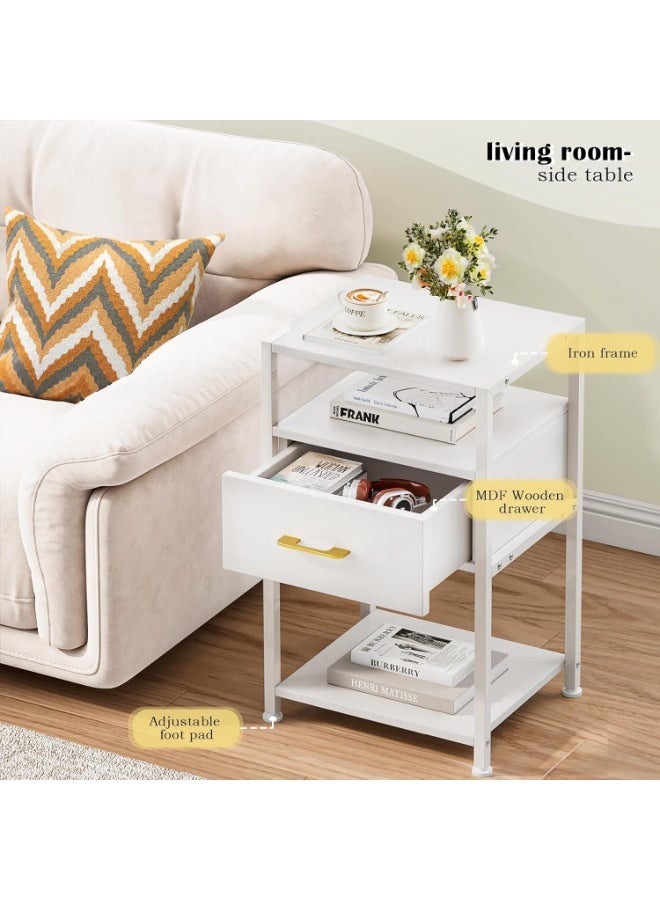 Solerconm Nightstand with Drawer,3 Tier Bedside Tables,End Table,Wood Drawer Steel Frame,Side Tables for Living Room, Bedroom, White - Image 5