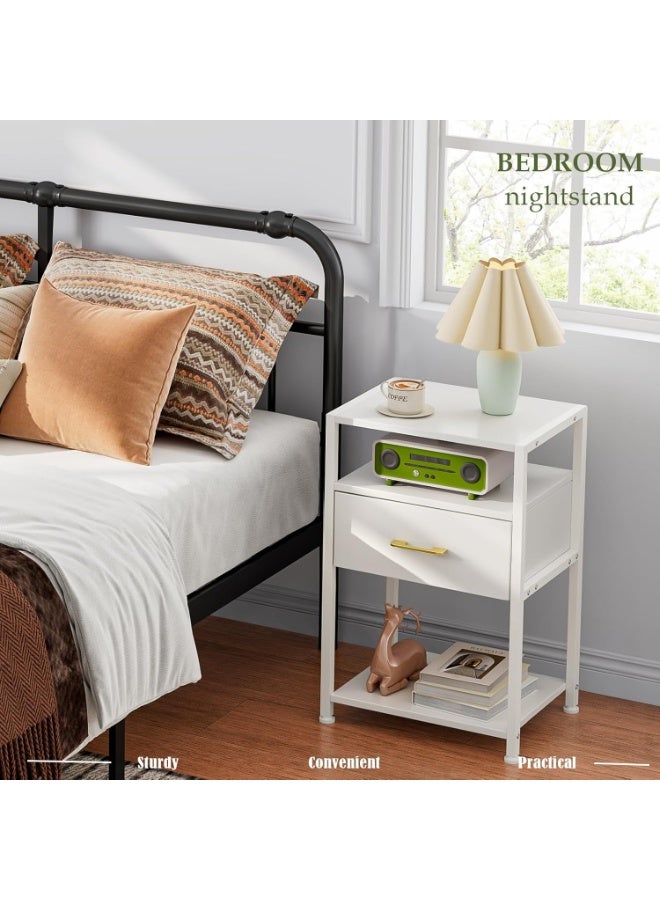 Solerconm Nightstand with Drawer,3 Tier Bedside Tables,End Table,Wood Drawer Steel Frame,Side Tables for Living Room, Bedroom, White - Image 4