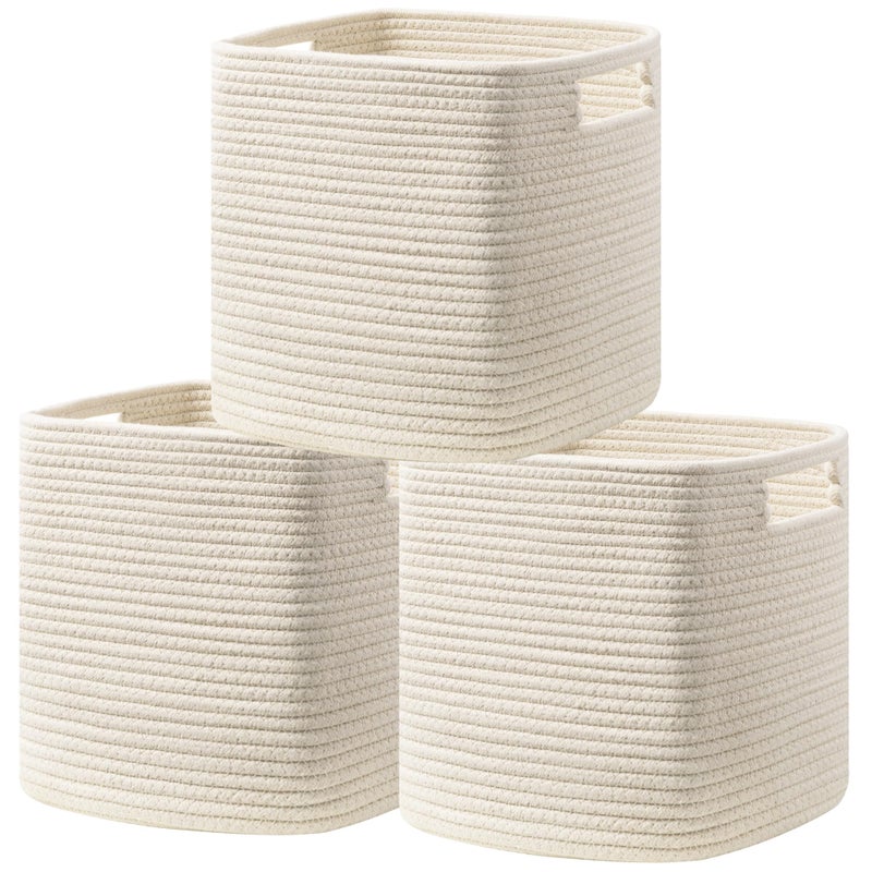 UBBCARE Set of 3 Cotton Rope Basket 11 X 105 X 105 Inches Woven Storage Baskets for Shelves Organizing with Handles Cube Storage Bins for Storage Books Magazines Beige