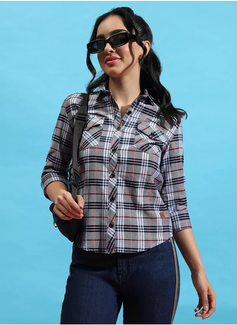 Campus Sutra Campus Sutra Women's Grey Tartan Plaid Button Up Regular Fit Shirt For Casual Wear | Spread Collar | Long Sleeves | Cotton Shirt Crafted With Regular Sleeve & Comfort Fit For Everyday Wear