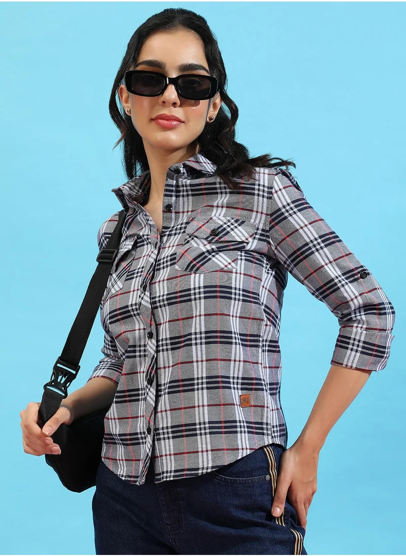 Campus Sutra Campus Sutra Women's Grey Tartan Plaid Button Up Regular Fit Shirt For Casual Wear | Spread Collar | Long Sleeves | Cotton Shirt Crafted With Regular Sleeve & Comfort Fit For Everyday Wear