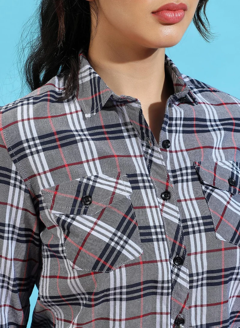 Campus Sutra Women's Grey Tartan Plaid Button Up Regular Fit Shirt For Casual Wear | Spread Collar | Long Sleeves | Cotton Shirt Crafted With Regular Sleeve & Comfort Fit For Everyday Wear
