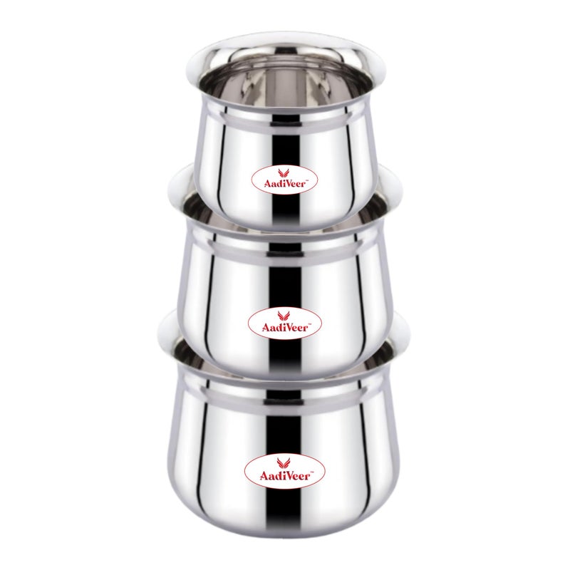 AadiVeer AadiVeer High Polished Stainless Steel Handi | Dahi Handi | Steel Pot | Milk Pot | Biryani Handi, Gas Stove Compatible & Induction Friendly, Set of 3Pcs, Capacity - 450ml, 900ml, 1350ml  - Image 2
