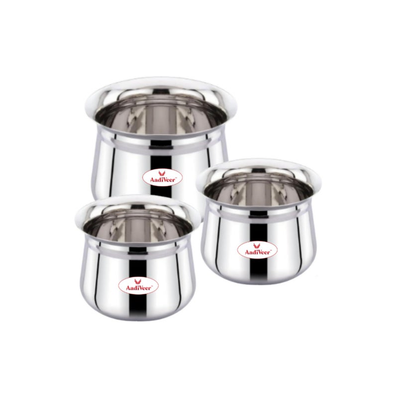 AadiVeer AadiVeer High Polished Stainless Steel Handi | Dahi Handi | Steel Pot | Milk Pot | Biryani Handi, Gas Stove Compatible & Induction Friendly, Set of 3Pcs, Capacity - 450ml, 900ml, 1350ml  - Image 1
