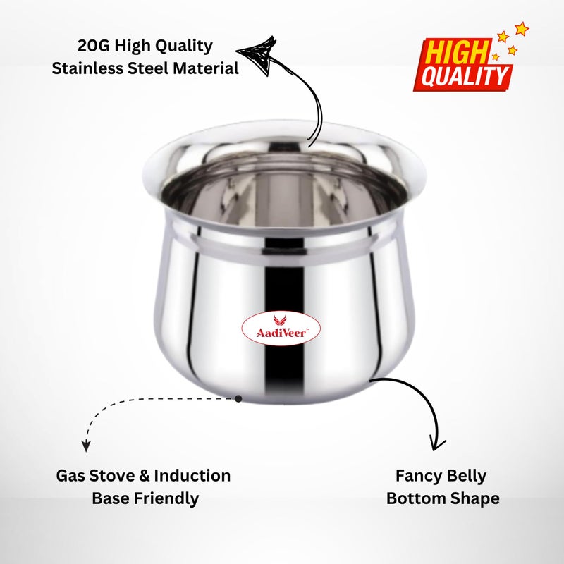 AadiVeer AadiVeer High Polished Stainless Steel Handi | Dahi Handi | Steel Pot | Milk Pot | Biryani Handi, Gas Stove Compatible & Induction Friendly, Set of 3Pcs, Capacity - 450ml, 900ml, 1350ml  - Image 3