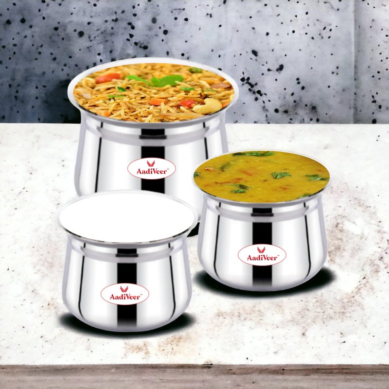 AadiVeer AadiVeer High Polished Stainless Steel Handi | Dahi Handi | Steel Pot | Milk Pot | Biryani Handi, Gas Stove Compatible & Induction Friendly, Set of 3Pcs, Capacity - 450ml, 900ml, 1350ml  - Image 4