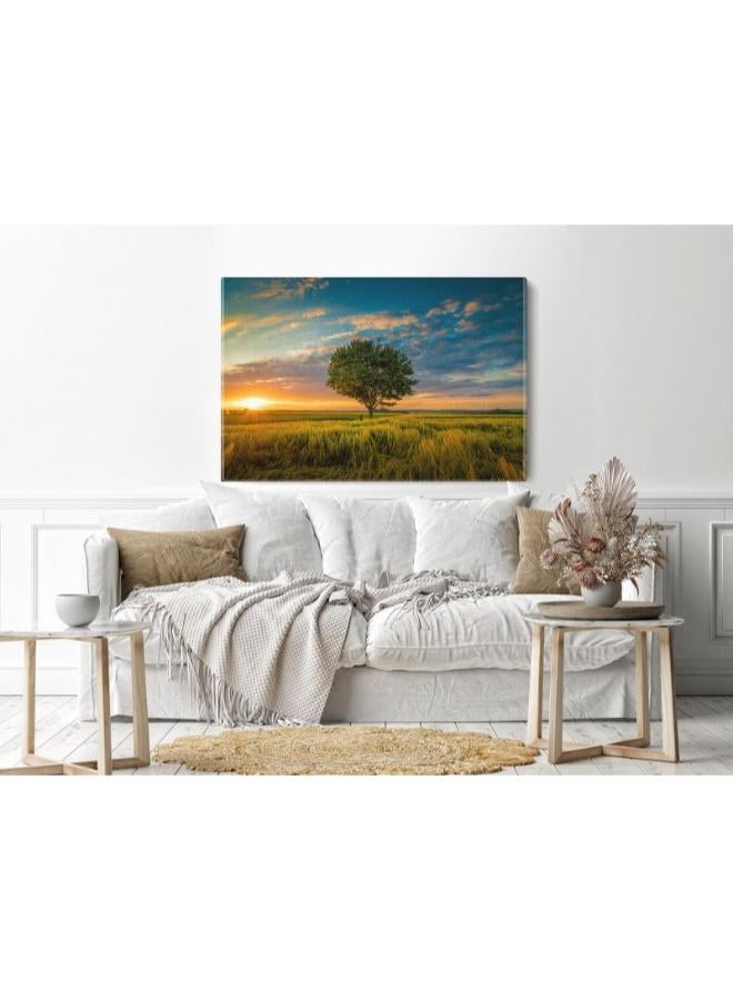 هوم جاليري زاوية واسعة لقطة شجرة واحدة تنمو السماء الملبدة بالغيوم أثناء غروب الشمس محاطة بالعشب تابلوه كانفاس مطبوع - Image 3