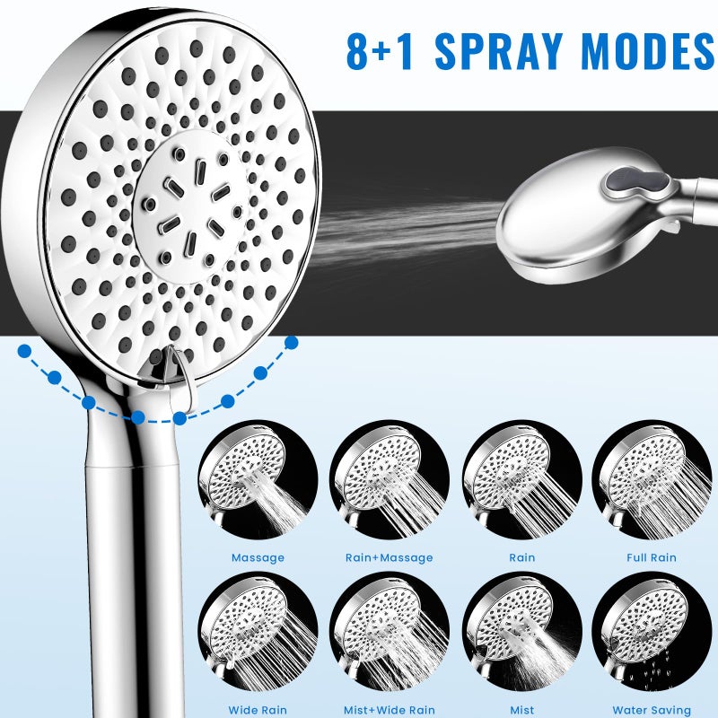 Ryamen Filtered Shower Head with Handheld, High Pressure 9-Spray Modes Detachable Shower Head with Filter for Hard Water-Remove Chlorine & Impurities, Improve Skin & Hair Health, 2 Filters, Chrome - Image 4