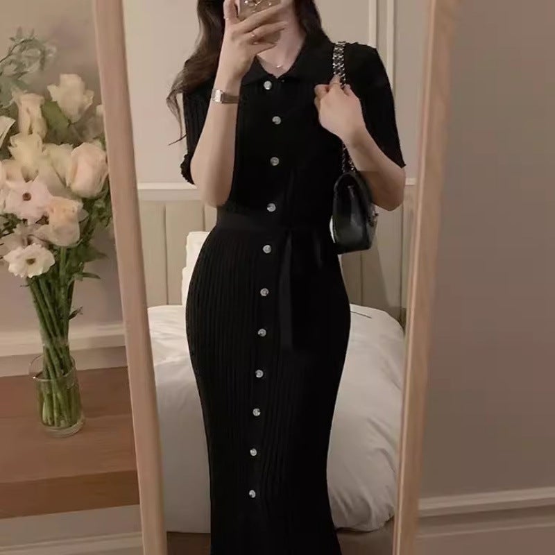 Korean Chic Summer Sweet and Elegant Style Lapel Single-Breasted Thin Ice Silk Short-Sleeved Knitted Dress Long Skirt for Women Black [premium edition]