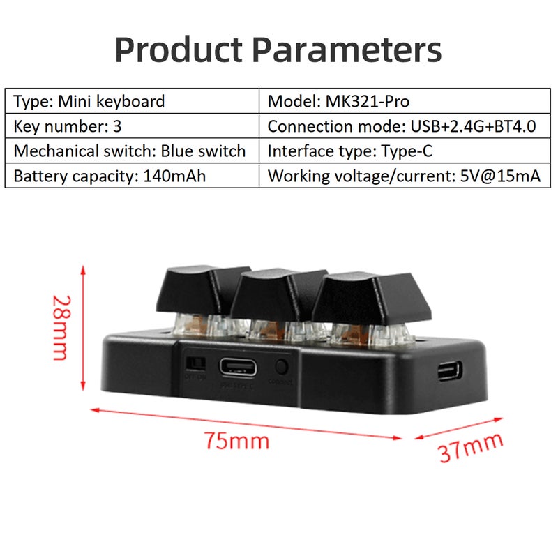 لوحة مفاتيح مخصصة مصغرة ثلاثة مفاتيح MK321-Pro مع مفتاح ميكانيكي أزرق، اتصالات USB+2.4G+Bluetooth، للعمل واللعب والوسائط المتعددة، لون أسود - Image 3