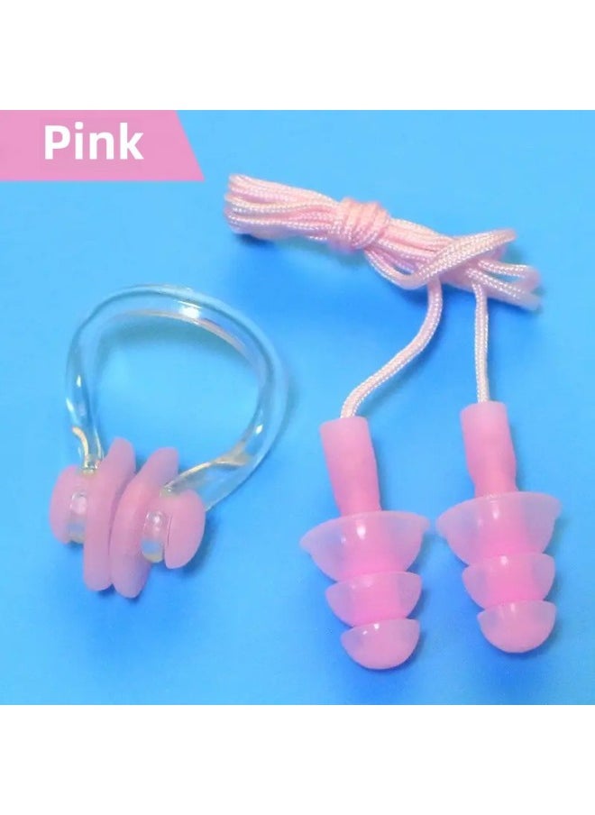 Generic Silicone Swimming Special Nose Clip Silicone Anti-soft Nose Diving Swimming Adults And Children Universal Anti-choking Nasal Plug-Colour:Pink Anti-falling Corded Earplugs + Nose Clip - One Set  - Image 1