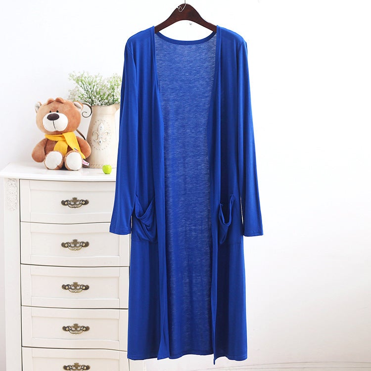 Spring and Summer Modal Long Pocket Cardigan Sun Protection Clothing Womens Casual Air-conditioning Shirt Long Thin Coat Outer Shawl Sapphire Blue