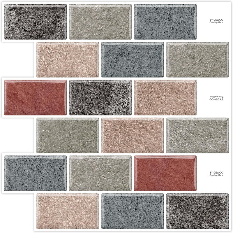 DEWOO Self Adhesive Wall Tiles 3D Fake Brick Effect Peel and Stick Backsplash Splashback for Kitchen Bathroom 10-Sheet (12"x 12") - Image 1