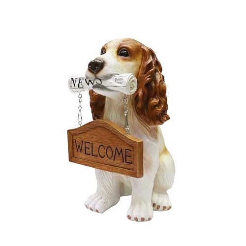 Natures Mark Cocker Spaniel Dog Puppy Statue with Reversible Welcome Sign and Go Away Sign Resin Garden Decor 12 H