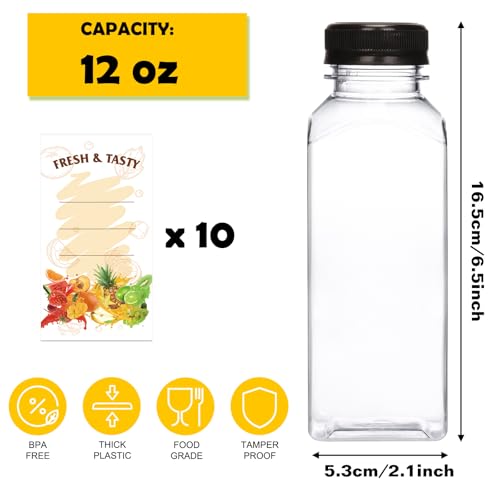 BAKHUK 10pcs 12oz Empty Plastic Juice Bottles with Caps, Plastic Water Bottles with Lids, Reusable Clear Bulk Beverage Containers for Juice, Milk and Other Beverages - Image 2