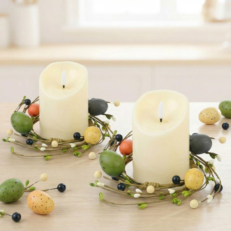 Daifunli 2 Pcs Easter Egg Candle Rings Primitive Farmhouse Vintage Eggs Pip Berry Wreaths for Pillar 3.9 Inch Candles Holder for Spring Easter Rustic Table Centerpiece Decor - Image 1
